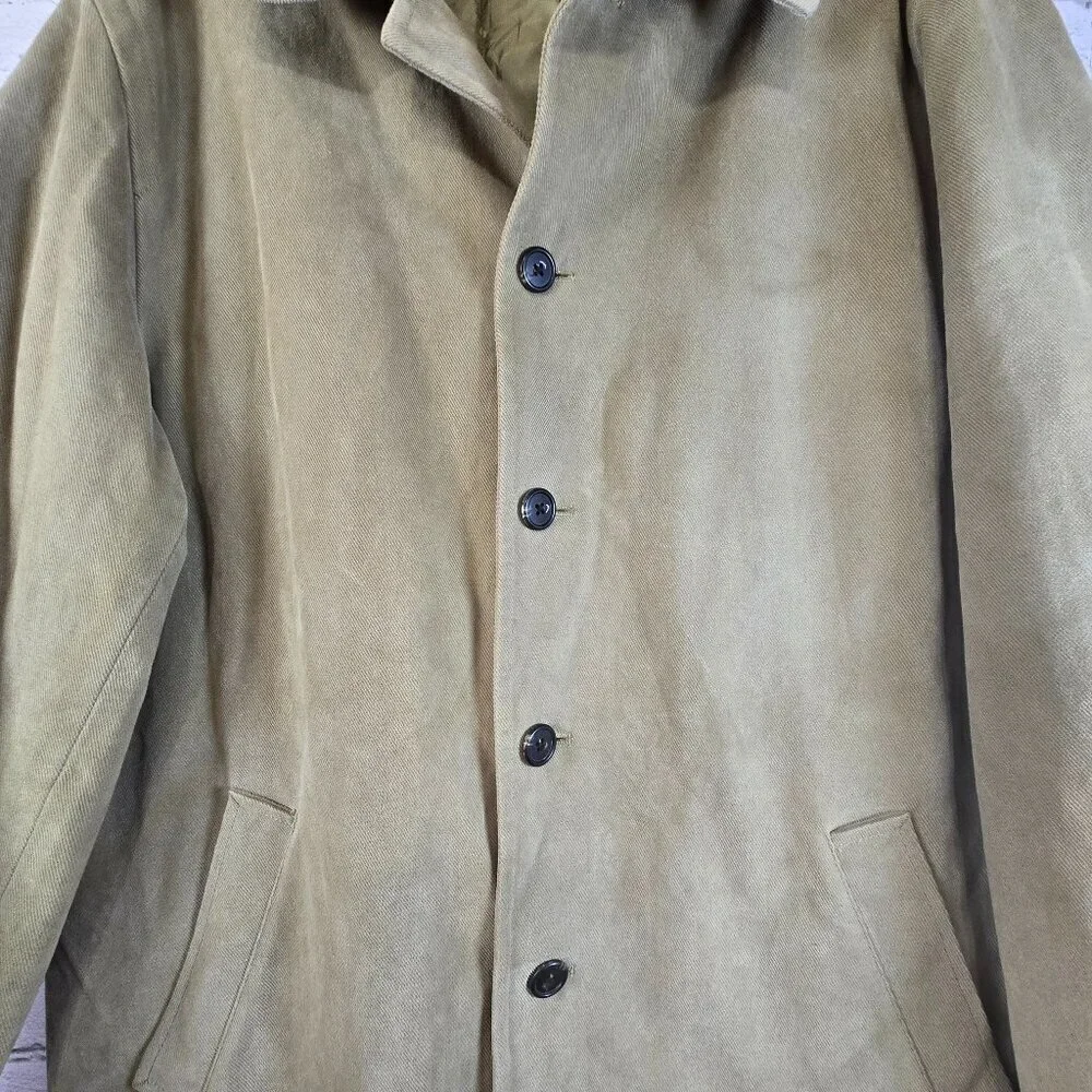 J CREW BARN COAT SIZE LARGE KHAKI GREEN LINED BUTTON-UP WINTER WARM EUC MENS